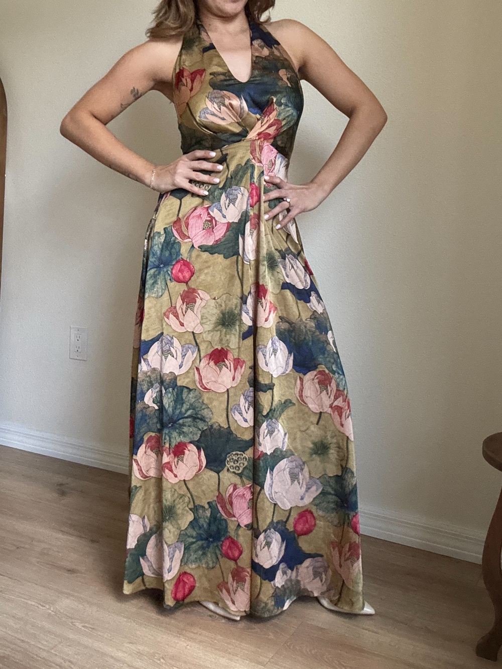 Aakaa Olive Halter Maxi Dress with Pink Floral Print